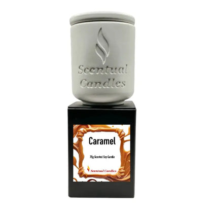 Caramel candle from Mini Candles Set, 75g scented soy candle, dessert-inspired aroma in white holder.
