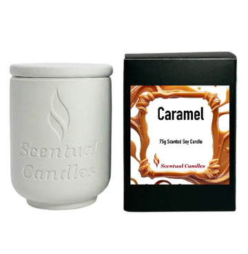 Caramel Candle in a white container with a black box, showcasing a sweet and warm scented soy indulgence.