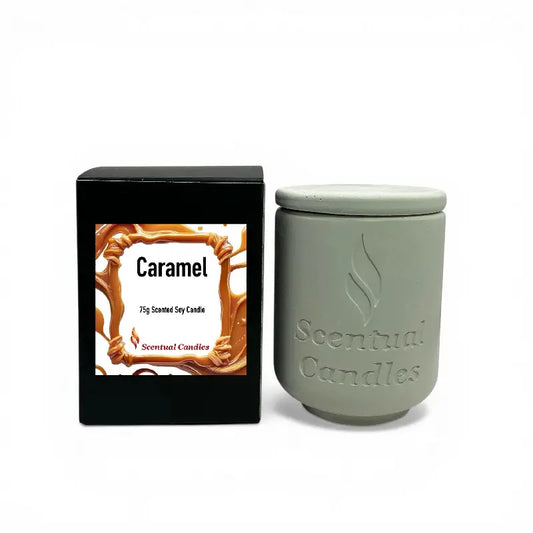 Caramel Candle packaged in a sleek box next to a decorative jar of scented soy candle.