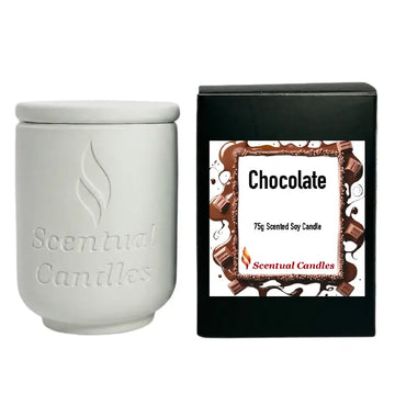 Chocolate Candle - 75g scented soy candle in a white container next to a matching black box.