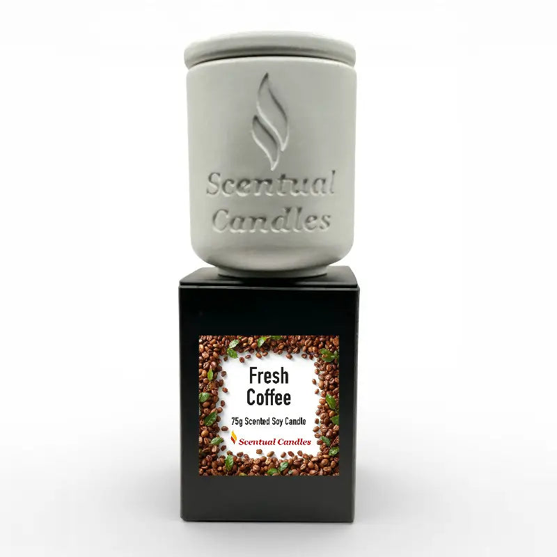 Coffee Scented Candle in a sleek black container with 'Fresh Coffee' label, featuring a rich dark roast blend aroma for a cozy ambiance.