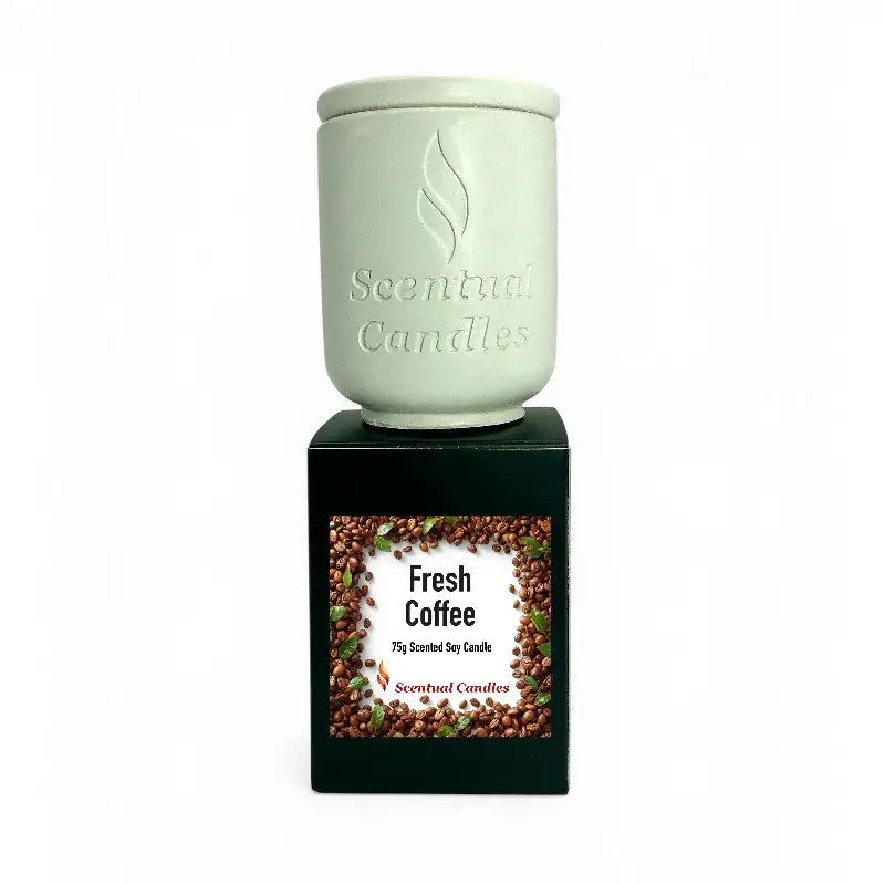 Coffee Scented Candle in a decorative jar, showcasing a fresh coffee aroma from Seentinal Candles.