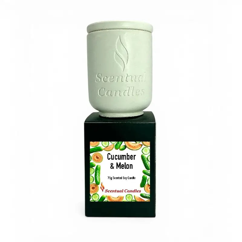 Cucumber and Melon scented soy candle in decorative container by Seentual Candles.