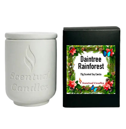 Pine Scented Daintree Rainforest Candle in white container and black box, part of Australian Scents Collection.