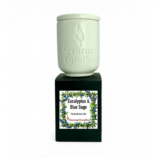 Eucalyptus Candle with Blue Sage in a decorative pot from Seential Candles, part of the Australian Scents Collection.