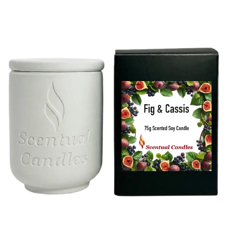Fig and Cassis Scented Soy Candle in white ceramic jar with black packaging featuring fruit design.