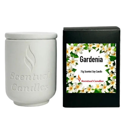 Gardenia Candle in white container with floral label, scented soy candle by Scentual Candles for a luxurious fragrance.