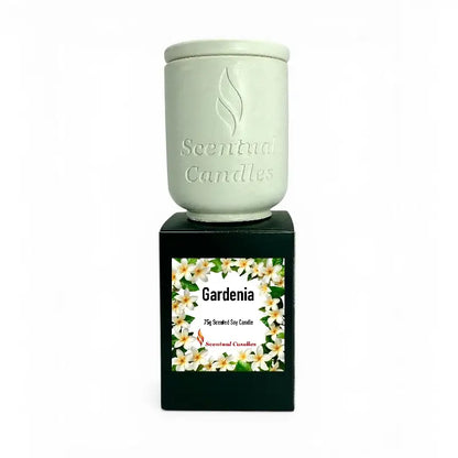 Gardenia Candle in a stylish container, showcasing a floral design and elegant branding for scented soy candles.