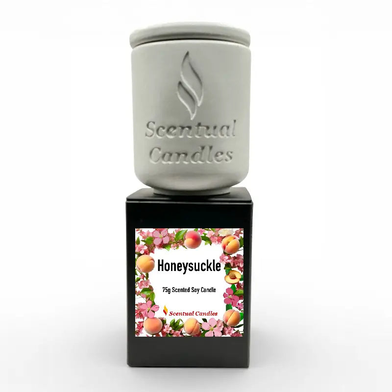 Honeysuckle Scented Candle - Floral and fruity soy candle with decorative packaging.