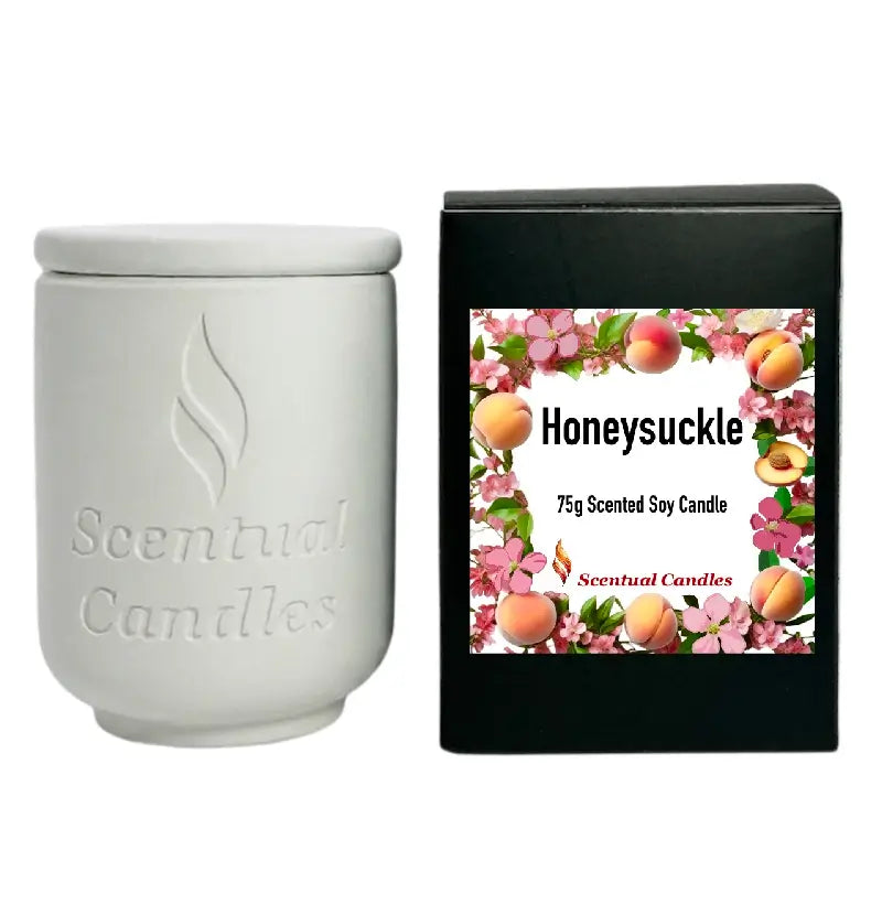 Honeysuckle Scented Candle in a white jar next to its box, featuring floral design and branding, 75g soy candle.