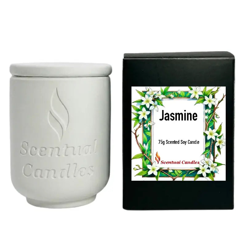Jasmine Candle in a white container next to its black packaging, showcasing the elegant design and fragrance.
