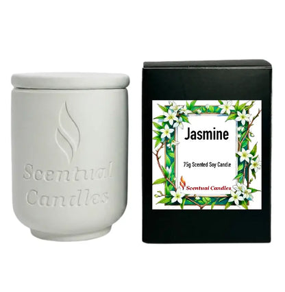 Jasmine Candle in a white container next to its black packaging, showcasing the elegant design and fragrance.