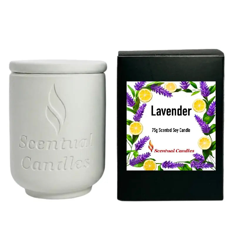 Lavender Candle in a stylish white container with a vibrant box featuring lavender and lemon design.