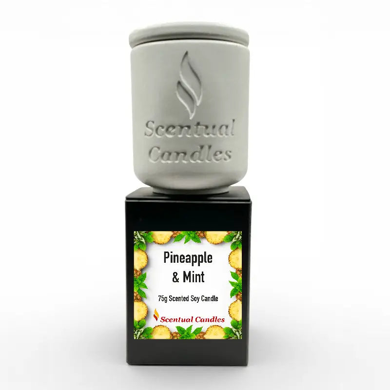 Pineapple and Mint Scented Soy Candle with tropical fragrance label