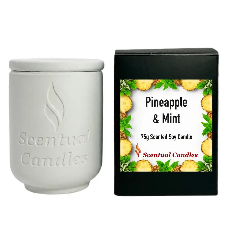 Pineapple and Mint Scented Soy Candle from Scentual Candles, refreshing tropical aroma in a stylish container.