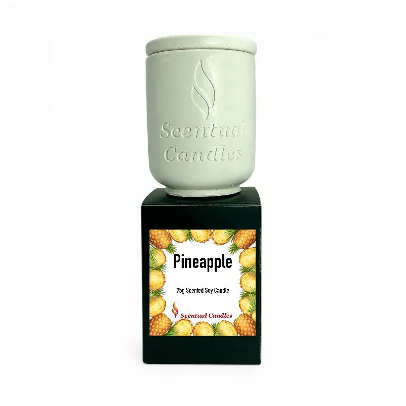 Pineapple Scented Soy Candle in a decorative jar with pineapple-themed label, perfect for tropical ambiance.