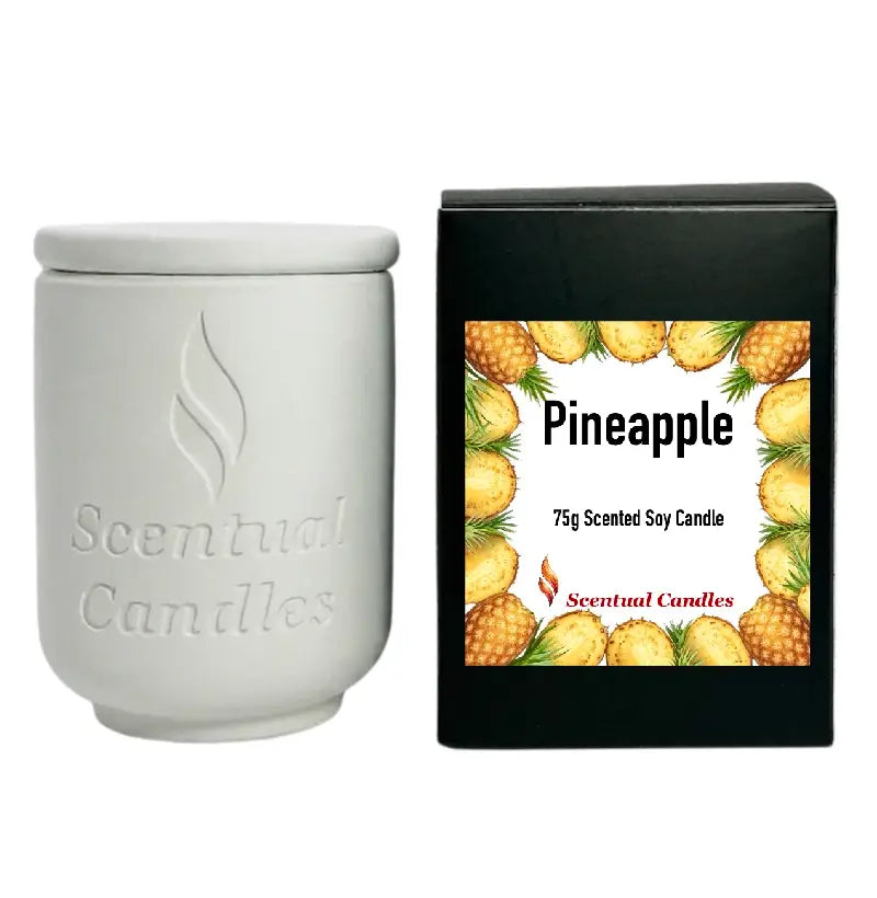 Pineapple Scented Soy Candle in white container and black box with pineapple design, 75g size.