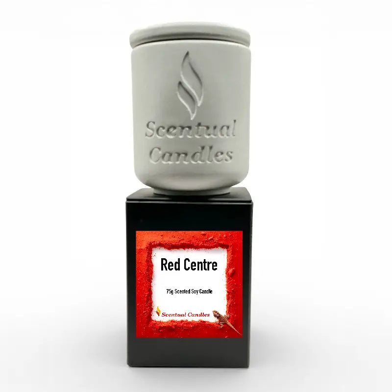 Red Centre scented soy candle from the Australiana Candle Set featuring Australian scents and a 75g jar with 20 hours burn time.