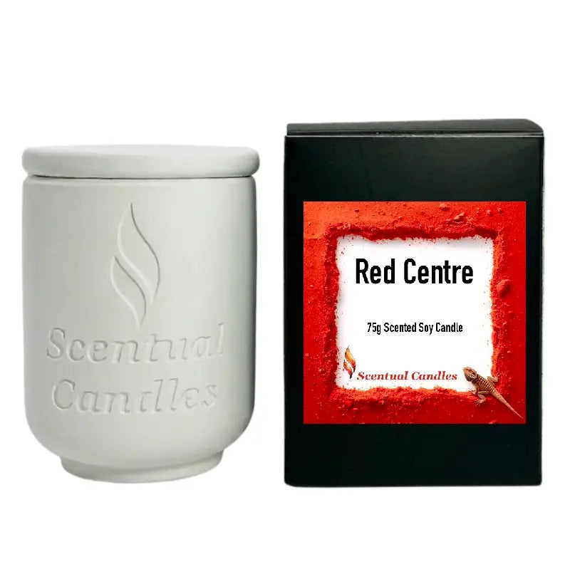 Spicy Vanilla and Buddhawood candle in a white jar next to its 'Red Centre' packaging.