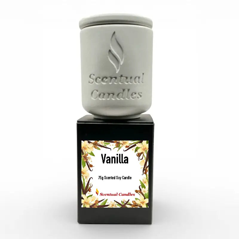 Vanilla Scented Candle in elegant jar, offering creamy and luxurious fragrance for a serene atmosphere, by Scentual Candles.