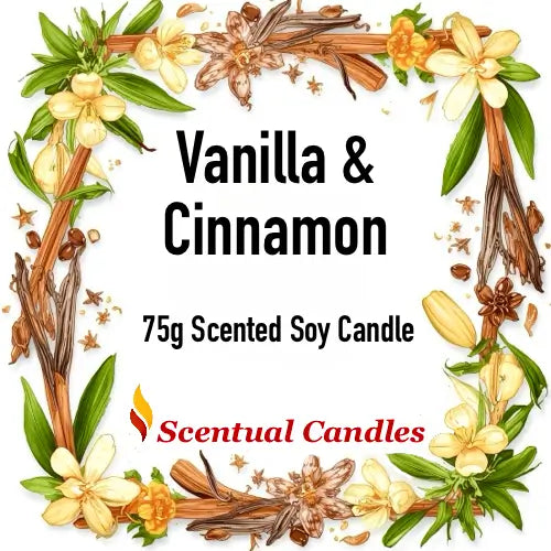 Vanilla and Cinnamon 75g candle from Warm and Spicy Scented Candles set by Scentual Candles; floral frame design.