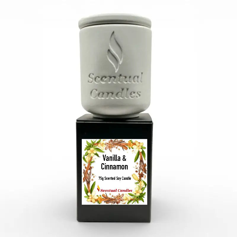 Warm and Spicy Scented Candles - Vanilla & Cinnamon 75g soy candle in stylish holder, perfect for cozy home ambiance.