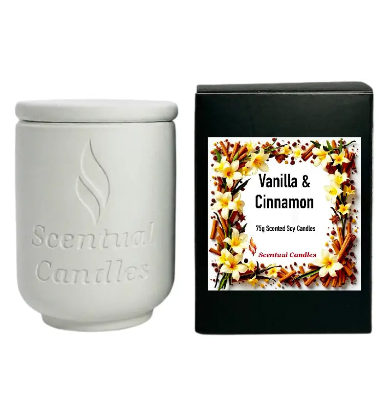 Vanilla and Cinnamon Candle in a white jar next to its box, featuring floral and spice designs.