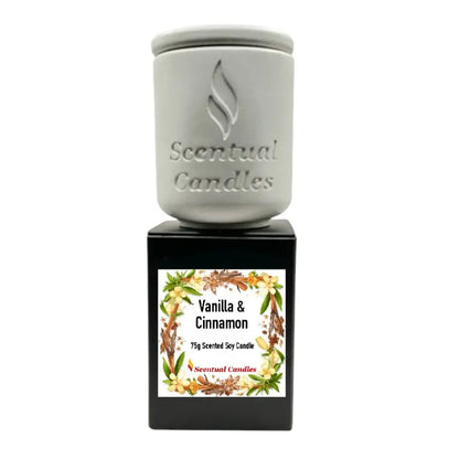 Mini Candles Set - Vanilla & Cinnamon 75g Soy Candle with ‘Scentual Candles’ branding.