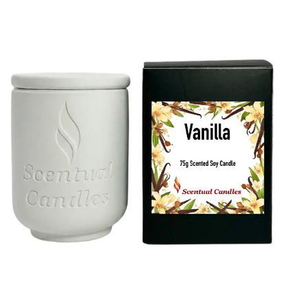 Vanilla Scented Candle in a cream jar and box, 75g scented soy candle by Scentual Candles.