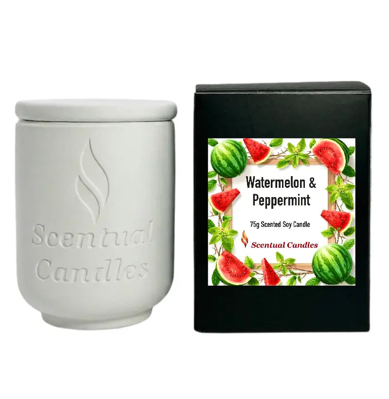 Watermelon and Peppermint Candle in a white jar with a black box featuring watermelon and mint design.