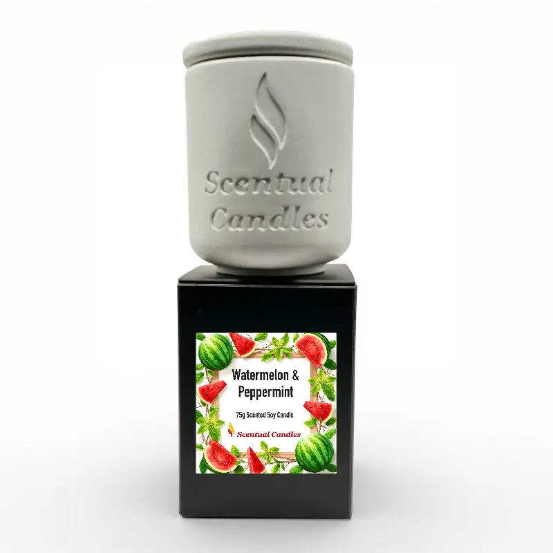 Watermelon and Peppermint Candle by Scentual Candles, scented soy candle with fruity and cool fragrance, displayed in elegant packaging.