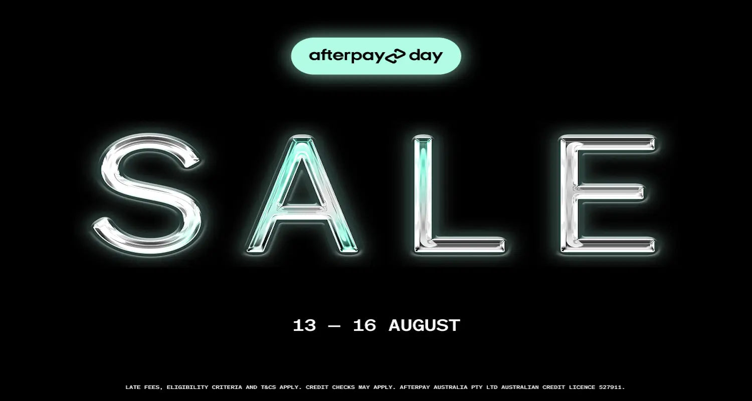 Promotional graphic with a black background, a mint-green Afterpay Day badge at the top, large metallic-style letters spelling SALE, and the dates 13 - 16 AUGUST below.