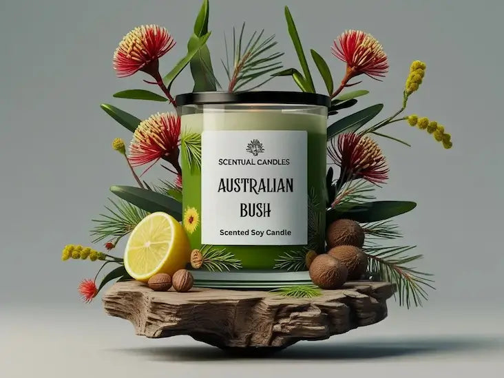Scentual Candles Australian Bush candle with floral and botanical elements on a gray background