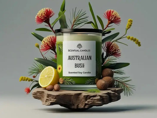 Scentual Candles Australian Bush candle with floral and botanical elements on a gray background