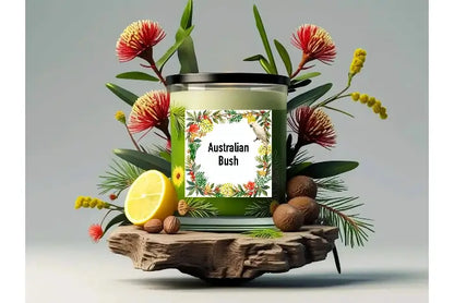 Australian Bush candle with floral and leaf decorations on a wooden platform.