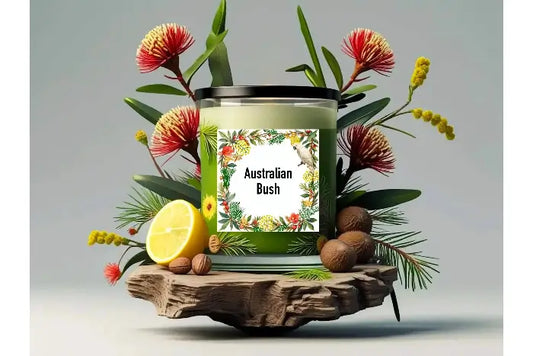 Australian Bush candle with floral and leaf decorations on a wooden platform.