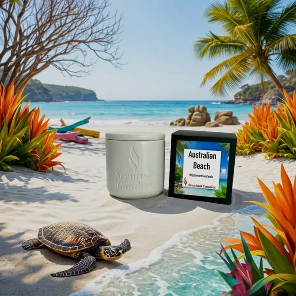 Beach Candle displayed on sandy Australian beach with turtle and tropical plants in background.