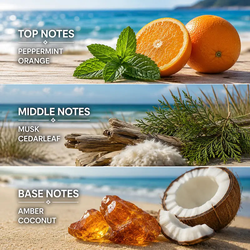 Beach Candle fragrance notes including peppermint, orange, musk, cedarleaf, amber, and coconut on a sandy beach.