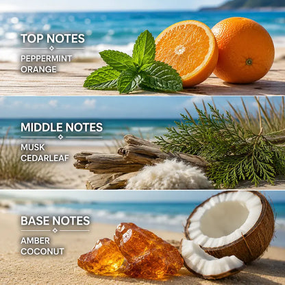 Beach Candle fragrance notes including peppermint, orange, musk, cedarleaf, amber, and coconut on a sandy beach.