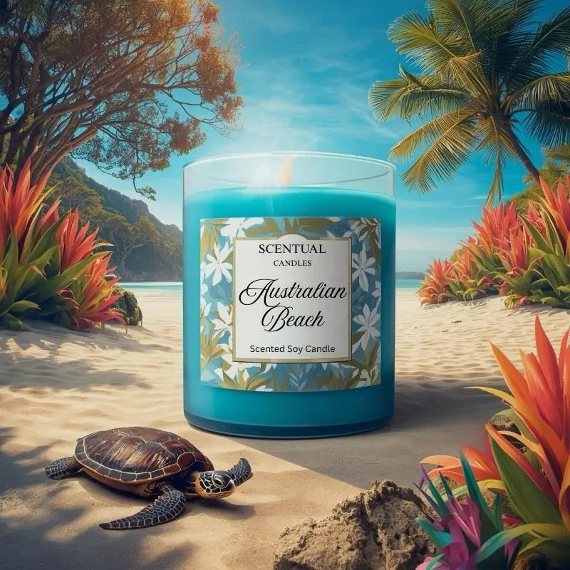 Australian Beach scented candle on a tropical beach with a turtle, capturing the essence of coastal atmosphere and relaxation.