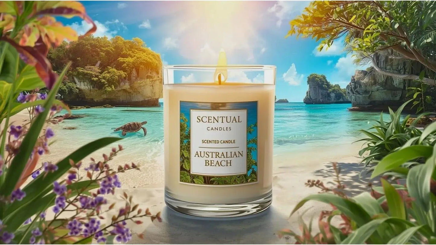 Australian Beach Scented Candle with lush coastal background and vibrant greenery.