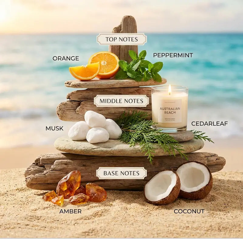 Scented Candle Trio featuring Australian Beach with notes of orange, peppermint, musk, cedarleaf, amber, and coconut.