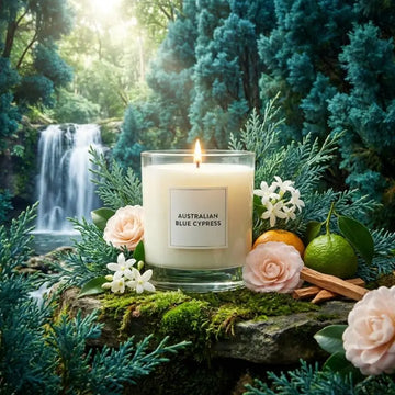 Australian Blue Cypress Candle surrounded by flowers and greenery near a waterfall.