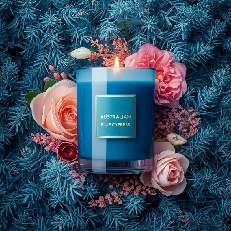 Australian Blue Cypress Candle surrounded by vibrant pink roses and blue foliage, highlighting its natural beauty and fragrance.