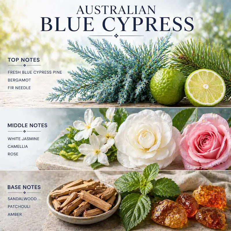 Image showcasing the aromatic notes of Australian Blue Cypress Candle: top, middle, and base notes.