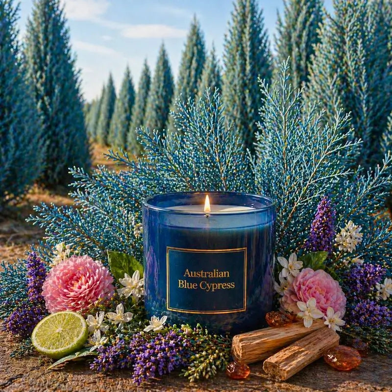 Australian Blue Cypress Candle surrounded by vibrant foliage and flowers in a beautiful outdoor setting.