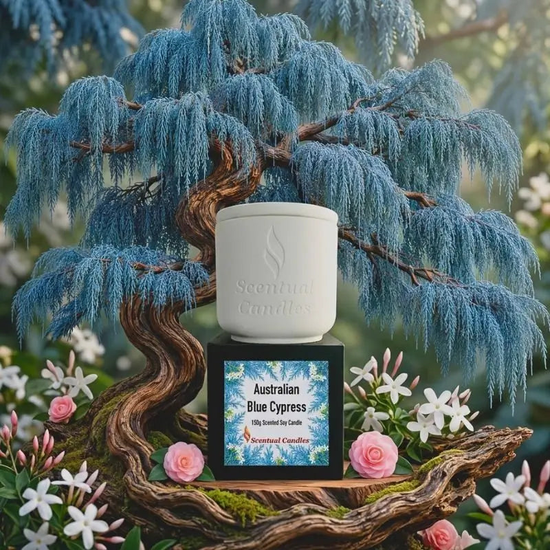 Australian Blue Cypress Candle displayed among a creatively designed blue cypress tree and decorative flowers.