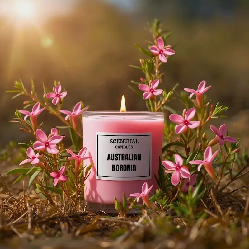 Scented candle surrounded by pink flowers, labeled 'Australian Boronia', part of the Australian Flora scented candle set.