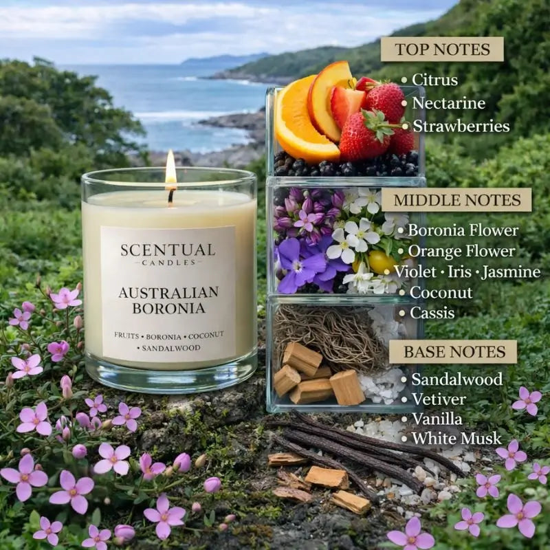 Australian Florals candle showcasing top, middle, and base notes with scenic background, featuring Australian Boronia scent.