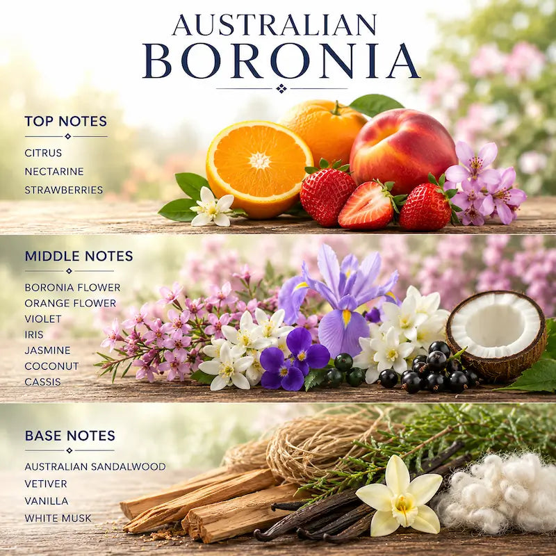 Scented Soy Candle with ingredients and notes displayed against a scenic background